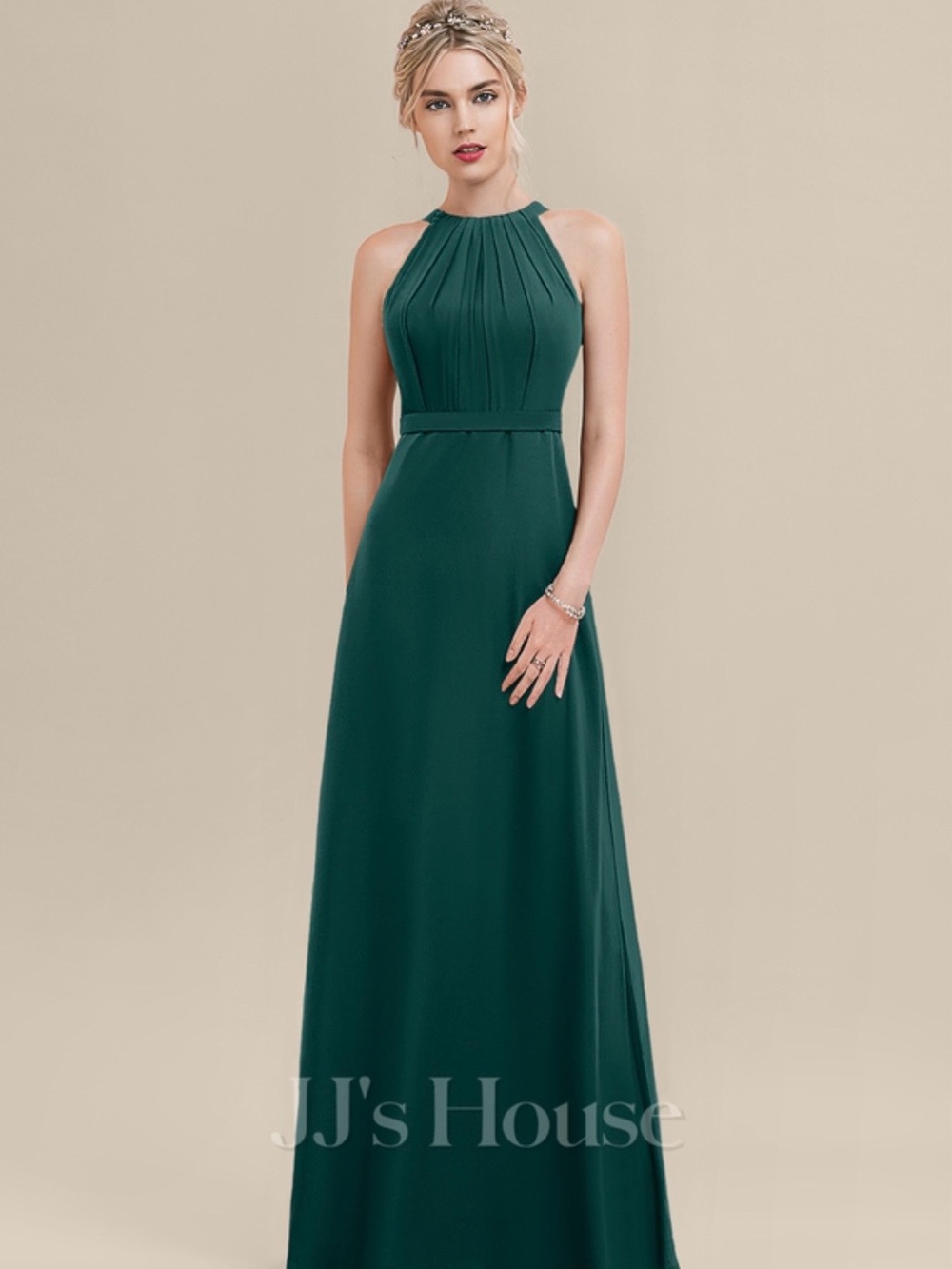 JJs House Dark High-Neck Pleated Evening Gown